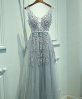 Gray V Neck Lace Tulle Long Prom Dress, Lace Evening Dress