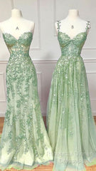 Green A Line Applique Mermaid Lace Long Semi Formal Prom Dress