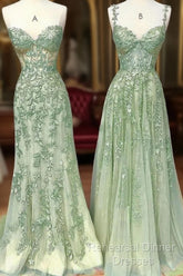 Green A Line Applique Mermaid Lace Long Semi Formal Prom Dress