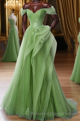 Green A-Line Off Shoulder Long Semi Formal Prom Dress Lace Long Evening Dress