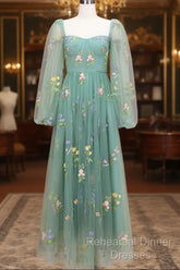 Green A-Line Sweetheart Green Tulle Lace Long Semi Formal Prom Dress, Green Formal Dress