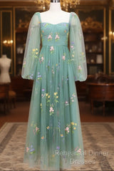 Green A-Line Sweetheart Green Tulle Lace Long Semi Formal Prom Dress, Green Formal Dress