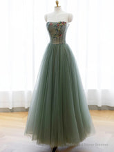 Green A-line Tulle with Lace Applique Long Formal Dress, Green Prom Dress