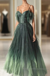 Green Gradient Tulle A-Line Long Formal Dress, Green Beaded Straps Party Dress Semi Formal Prom Dress
