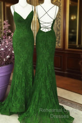 Green Lace Mermaid Straps Long Party Dress, Green Lace Wedding Party Dress