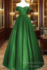 Green Off Shoulder Tulle A-Line Long Party Dress, Green A-Line Semi Formal Prom Dress