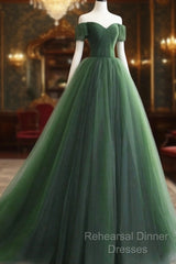 Green Off Shoulder Tulle Sweetheart Long Party Dress, Green Tulle Evening Dress Semi Formal Prom Dress