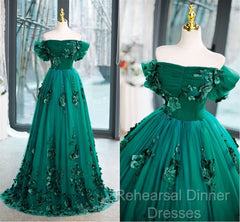 Green Off Shouldr Ball Gown Flowers Tulle Formal Dress, Green Floor Length Party Dress