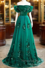 Green Off Shouldr Ball Gown Flowers Tulle Formal Dress, Green Floor Length Party Dress