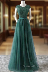 Green Evening Prom Dress Scoop Tulle & Lace With Sash A Line Sweep Train Floor Length Elegant