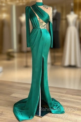 Green Robe De Soiree Sheath Long Sleeves Satin Beaded Slit Sexy Long Semi Formal Prom Dresses Semi Formal Prom Gown Evening Dresses