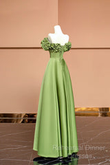 Green Satin Floor Length Semi Formal Prom Dress, Off The Shoulder Evening Party Dress