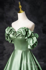 Green Satin Long A-Line Party Dress, Off The Shoulder Formal Evening Dress
