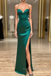 Green Satin Long Mermaid Slit Semi Formal Prom Dress