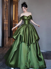 Green Satin Long Off Shoulder Princess Formal Dress, Green Satin Prom Dress