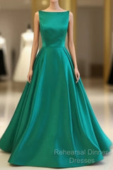 Green Satin Long Semi Formal Prom Dress, Green Evening Dress