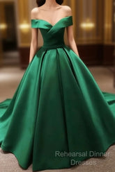 Green Satin Semi Formal Prom Dresses Long Off The Shoulder Ball Gowns Quinceanera Dresses