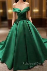 Green Satin Semi Formal Prom Dresses Long Off The Shoulder Ball Gowns Quinceanera Dresses