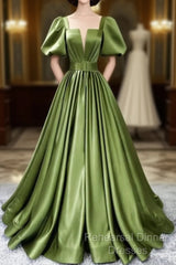 Green Satin Short Sleeves Long Evening Party Dresses, Green Formal Party Dresses