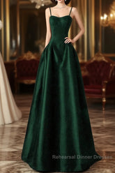 Green Satin Simple A-Line Floor Length Party Dress, Green Satin Straps Semi Formal Prom Dress