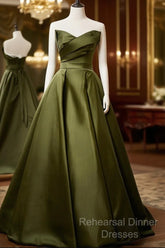Green Satin V-Neckline Lace-Up Long Wedding Party Dress, Green Evening Dress