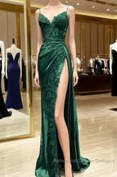 Green Satin With Lace Straps Long Evening Dress Semi Formal Prom Dress, Green Satin Party Dres