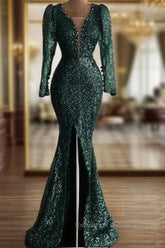 Green Sequin V Neck Mermaid Semi Formal Prom Dresses