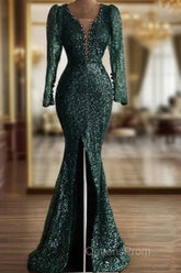 Green Sequin V Neck Mermaid Evening Prom Dress