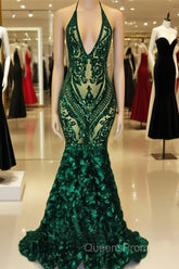 Green Sequinned Lace Rosette Mermaid Dress