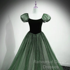 Green Shiny Tulle Short Sleevse Long Formal Dress, Green A-Line Semi Formal Prom Dress Party Dress