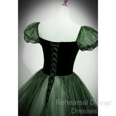 Green Shiny Tulle Short Sleevse Long Formal Dress, Green A-Line Semi Formal Prom Dress Party Dress