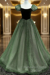 Green Shiny Tulle Short Sleevse Long Formal Dress, Green A-Line Semi Formal Prom Dress Party Dress