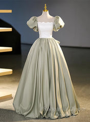 Green Short Sleeves Ball Gown Satin Long Party Dress, Green Long Formal Dress