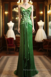 Green Spaghetti Strap Sheath Satin Beaded Semi Formal Prom Dress Evening Gown