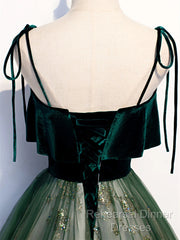 Green Straps Velvet Long Lace Semi Formal Prom Dresses