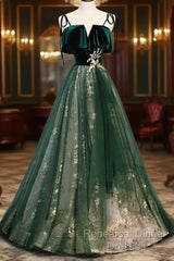 Green Straps Velvet Long Lace Semi Formal Prom Dresses