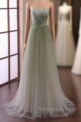 Green Sweetheart Gradient Beaded Tulle Floor Length Party Dress, Green Junior Semi Formal Prom Dresses
