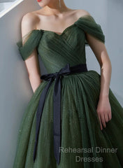 Green Tulle A-Line Off Shoulder Semi Formal Prom Dress, Green Tull Long Formal Dress Evening Dress
