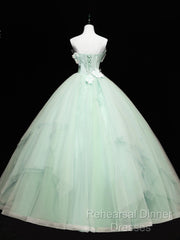 Green Tulle Lace Applique Long Semi Formal Prom Dresses, Green Sweet 16 Dresses