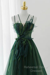 Green Tulle Long A-Line Semi Formal Prom Dress, Beautiful Spaghetti Straps Evening Dress