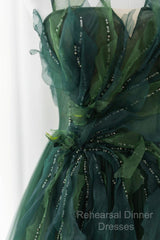 Green Tulle Long A-Line Semi Formal Prom Dress, Beautiful Spaghetti Straps Evening Dress