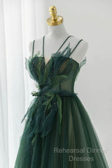 Green Tulle Long A-Line Semi Formal Prom Dress, Beautiful Spaghetti Straps Evening Dress