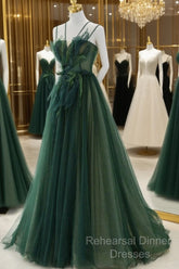 Green Tulle Long A-Line Semi Formal Prom Dress, Beautiful Spaghetti Straps Evening Dress