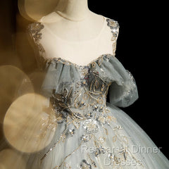 Green Tulle Off Shoulder Ball Gown Beaded Sweet 16 Dress, Green Tulle Formal Dress