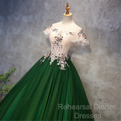Green Tulle Off Shoulder Long Formal Dress With Lace, Sweet 16 Gown