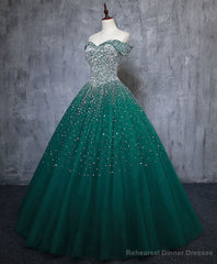 Green Tulle Sequin Long Prom Gown, Green Sequin Sweet 16 Dress