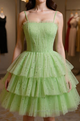 Green Tulle Short Semi Formal Prom Dresses, Cute Green Homecoming Dresses