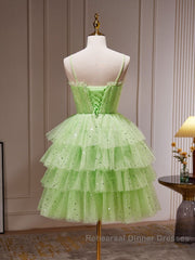Green Tulle Short Semi Formal Prom Dresses, Cute Green Homecoming Dresses