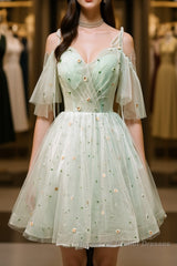 Green tulle short Semi Formal Prom Dresses, green tulle homecoming Dresses