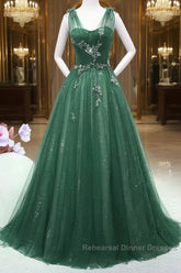 Green Tulle V Neck Beading Appliques Semi Formal Prom Dress